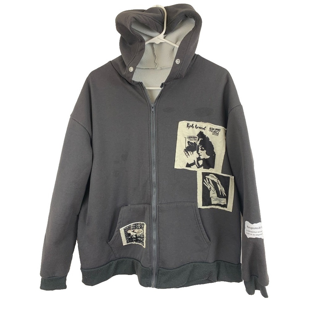 Streetwear Graphic Patch Zip Hoodie Gray Grunge Y2K Fleece Men's L 23x Rob Brand